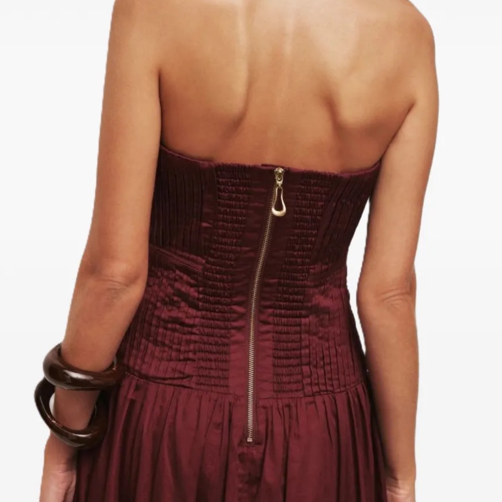 Aje Strapless Burgundy Smocked Corset Dress With Gold Zipper